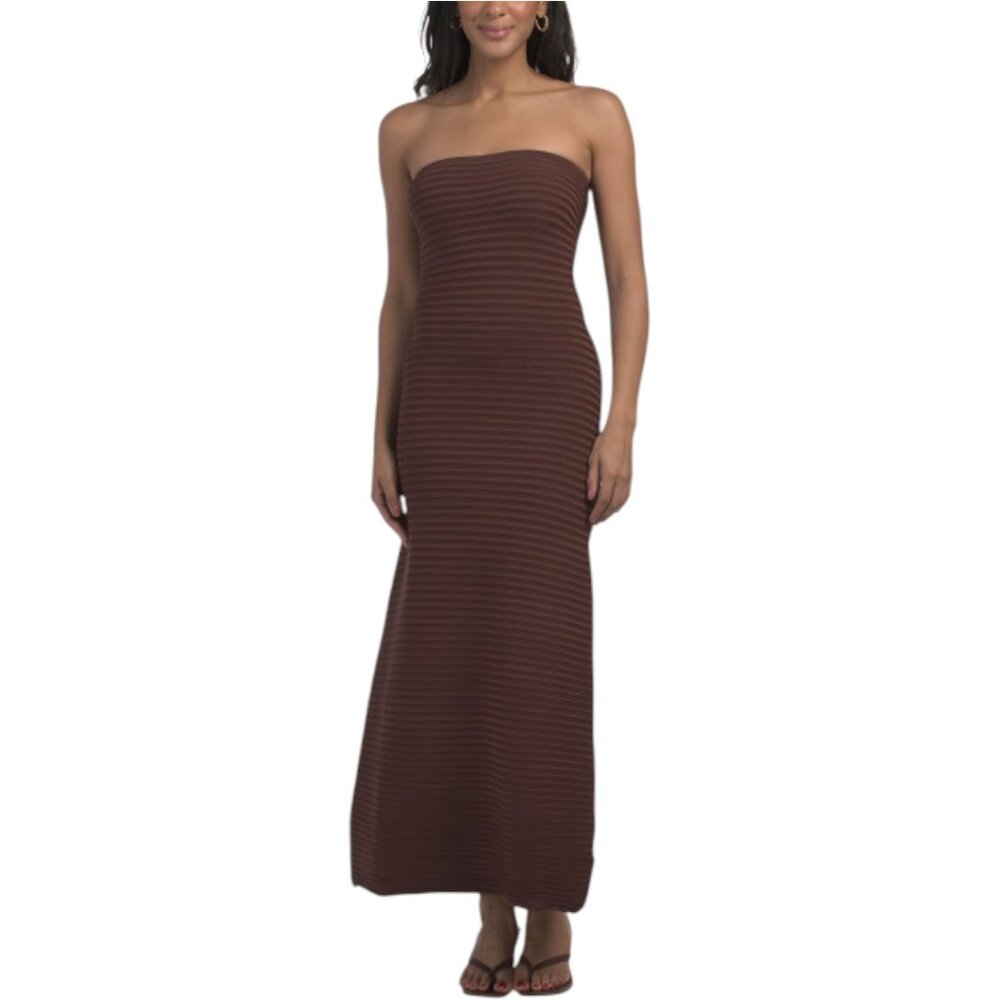 Strapless Brown Maxi Dress - Elegant Ribbed Design
